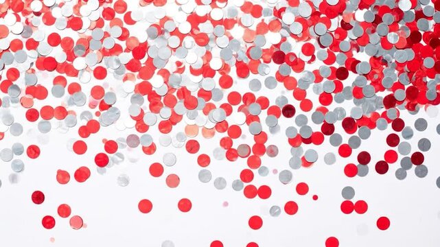 Scattered red and silver confetti circles on a bright white surface, suggesting celebration and festivity