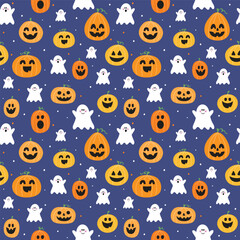 Halloween background with funny pumpkins and ghosts. Seamless pattern. Vector illustration