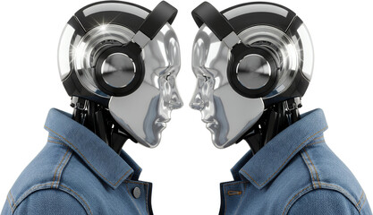 Two metallic humanoid heads wearing black headphones and denim jackets facing each other robot android transparent background