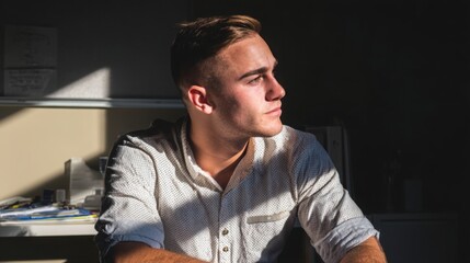 formal. Focused male professional at a minimalist desk, bathed in soft left-side window light. pitch deck slides, case study pages, designed for corporate presentation decks and stakeholder reports.