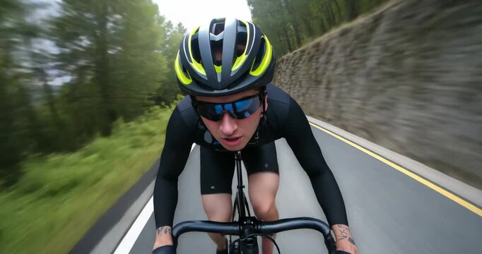 Leaning forward adult male cyclist accelerating along winding mountain road, with drop-bar bicycle