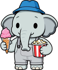 Adorable cartoon elephant in overalls and a blue hat, holding a pink ice cream cone and a box of popcorn, ready for a fun movie day.