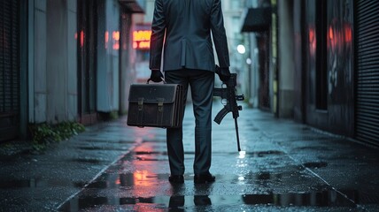 Obraz premium The Shadowy Guardian: A man clad in a business suit, armed with a briefcase and a weapon, stands in a rain-slicked alleyway, a symbol of silent protection and hidden strength.
