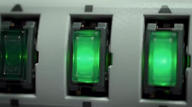 Close-up of three green illuminated rocker switches on a panel, symbolizing power control, on/off status, and energy management.