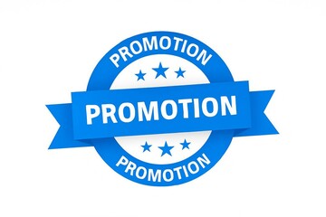 Fototapeta premium Blue ribbon badge with stars and the word promotion repeated for marketing and sales campaigns