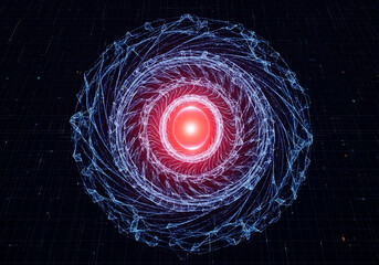 Vibrant abstract glowing vortex of energy with a fiery red core swirling in a dark cosmic background representing power and motion