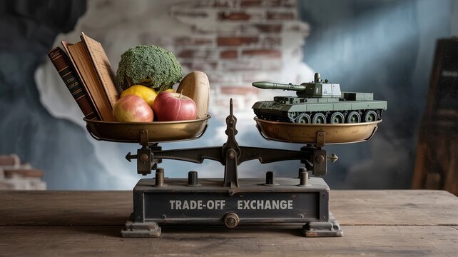 Trade-off or Exchange? A Conceptual Depiction: A balance scale illustrates the complex choices humanity faces, juxtaposing knowledge and nourishment against conflict.