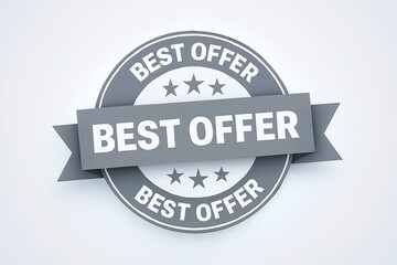 Grey circular badge with ribbon announcing best offer and stars