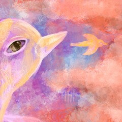 Colorful dreamy bird illustration in pastel sky with clouds