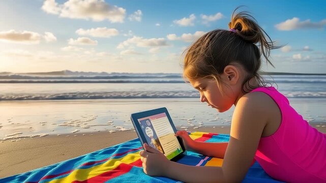 Young girl immersed in reading an ebook on the beach at sunset enjoying summer vacation