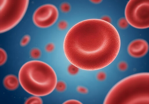 Red blood cells floating in blue background.