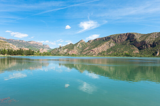 lake and mountains from the path that surrounds the Sant Llorenc de Montgai reservoir, La Noguera, Lleida.