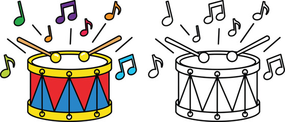 Colorful drum with music notes and drumsticks