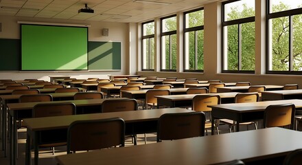 Empty classroom with green screen and natural light streaming through large windows.
