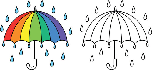 Rainbow umbrella with raindrops illustration in colorful and outline versions © AbuNazam