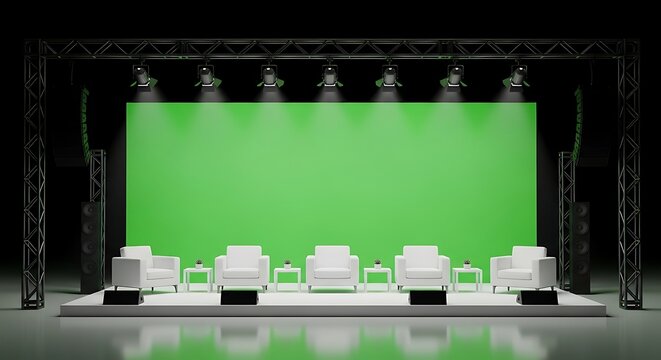 Empty stage with green screen and chairs for panel discussion.
