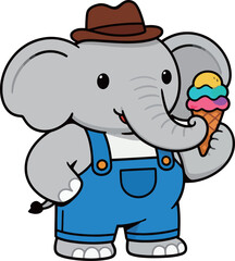 Cute cartoon elephant in a brown hat and blue overalls, happily holding a colorful ice cream cone, a sweet and charming summer character.