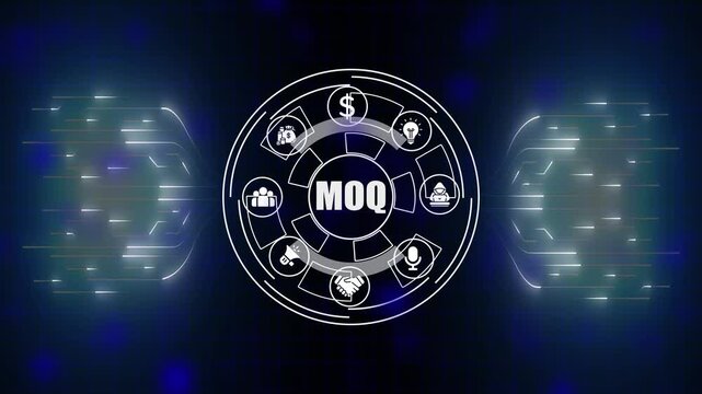 Minimum Order Quantity business concept diagram with icons for money people idea microphone handshake and megaphone on a digital grid background with glowing lines