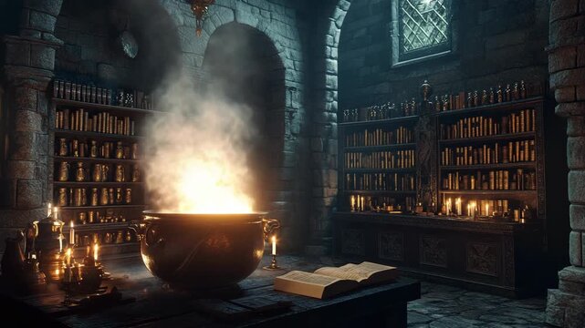 In a lit library, with the scent of ancient tomes skilled potion maker stir a bubbling cauldron amid flickering candlelight and smoke, creating an aura of intrigue and mystery that invites exploration