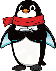 Cute cartoon penguin with a red scarf, happily holding a small fish, a charming and friendly arctic character.