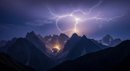 A dramatic landscape featuring lightning striking over a mountain range during a storm at night ai generated