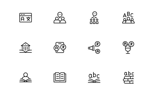 Linguistics and phonetics line icon set with editable, pixel-perfect illustrations. Includes professional, modern, and minimal vector icons ideal for language-related visuals.