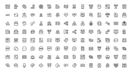 Linguistics and phonetics line icon set with editable, pixel-perfect illustrations. Includes professional, modern, and minimal vector icons ideal for language-related visuals.