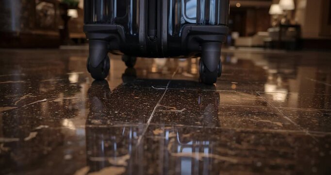 Rolling black hard-shell suitcase forward on polished stone lobby floor, with lamp reflections