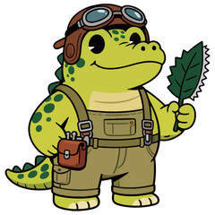 An adorable and cute cartoon illustration of an explorer crocodile mascot, wearing a safari hat and overalls, holding a large serrated leaf.