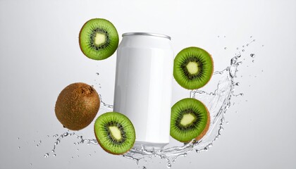 Blank white can with water splash and kiwis