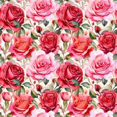 Colorful rose floral pattern with pink and red flowers on white background  Romantic rose gardens, watercolor, lush red and pink roses, dreamy and passionate seamless
