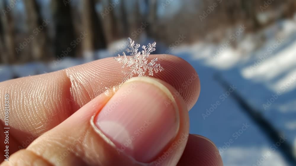 Poster delicate snowflake resting on fingertip, showcasing intricate ice crystal patterns in winter landsca