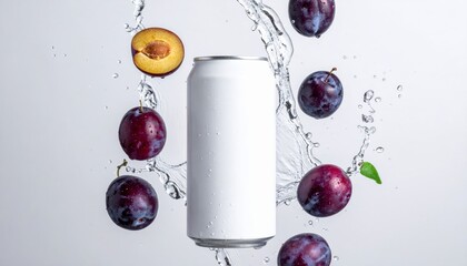 Blank white can with water splash and plums