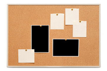 Blank paper notes and an empty photo are pinned to a cork board. The concept of detective investigation or a webinar.