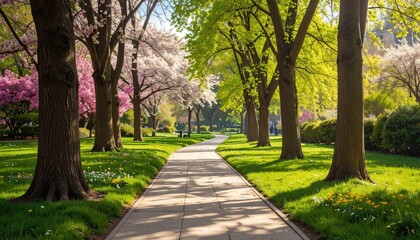 Scenic Pathway Through a Park with Lush Trees and Blossoms in Spring Sunlight