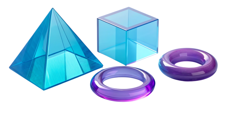 Geometric shapes transparent crystal pyramid cube torus white background, isolated on transparent background