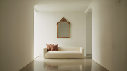 Elegant Living Room with Cream Sofa and Ornate Mirror