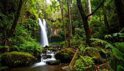 Obraz premium Scenic Rainforest Waterfall with Warm Light Filtering Through Trees and Moss Covered Rocks and Lush Greenery Creating a Peaceful Ambiance