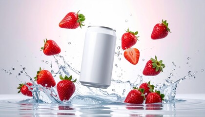 Blank white can with water splash and strawberries