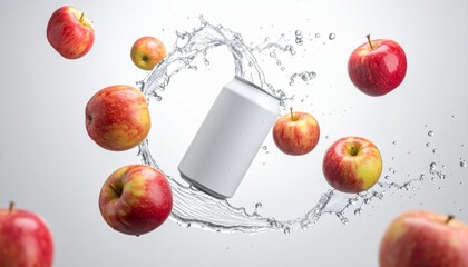 Blank white can with water splash and apples