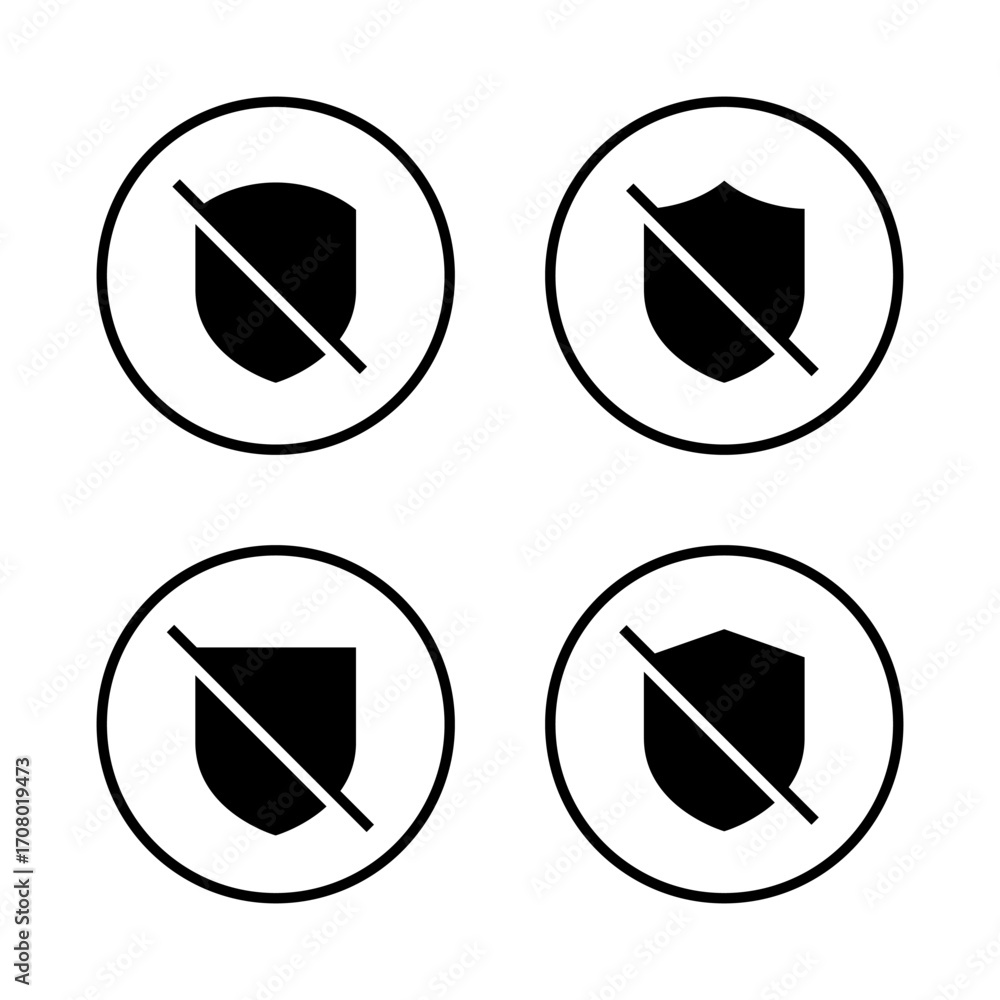 Poster shield with slash icon set. no protection symbol in circular outline. disable security concept