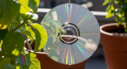 Shiny CD disc hanging among green plants as bird deterrent in garden