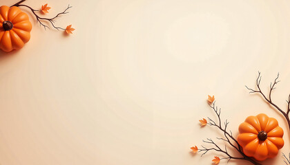 Minimalist Halloween arrangement with pumpkins and fall leaves on cream background, with space for text