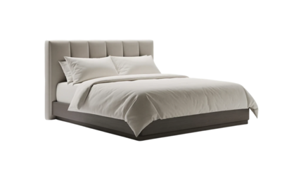 Cozy and luxurious, a comfortable double bed with a white comforter and pillows awaits in a modern bedroom interior