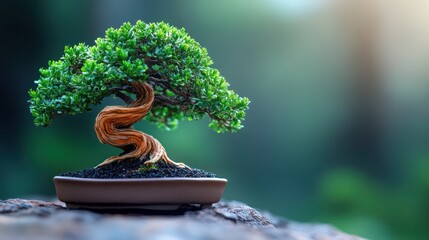 Lush green bonsai tree in a brown pot on a rock, outdoors with a blurred background.