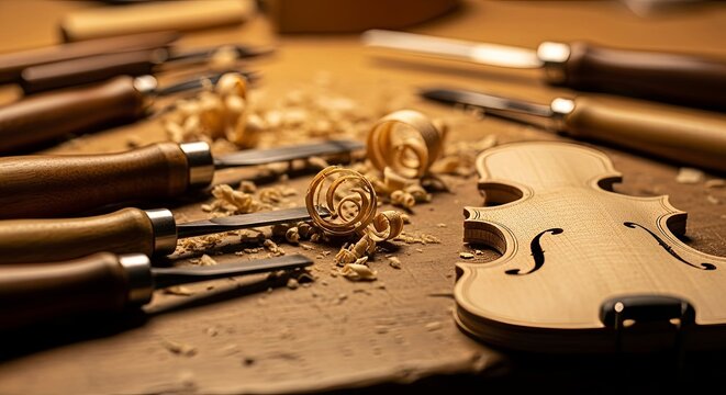 Traditional Violin Making Workshop with Wood Carving Tools and Shavings
