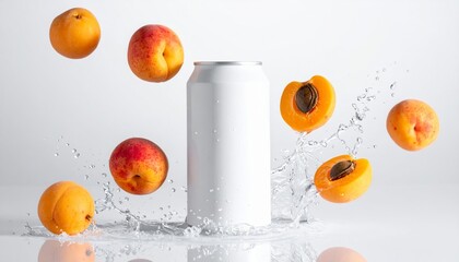 Blank white can with water splash and apricots