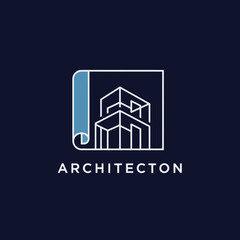 A modern logo design featuring abstract building structures with a roof-like element, accompanied by company name and slogan text.