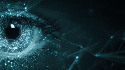 Close-up of a human eye with digital network overlays, symbolizing technology and surveillance