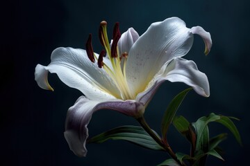 Closeup of a white lily flower with water droplets on its petals, showcasing its delicate beauty and intricate details